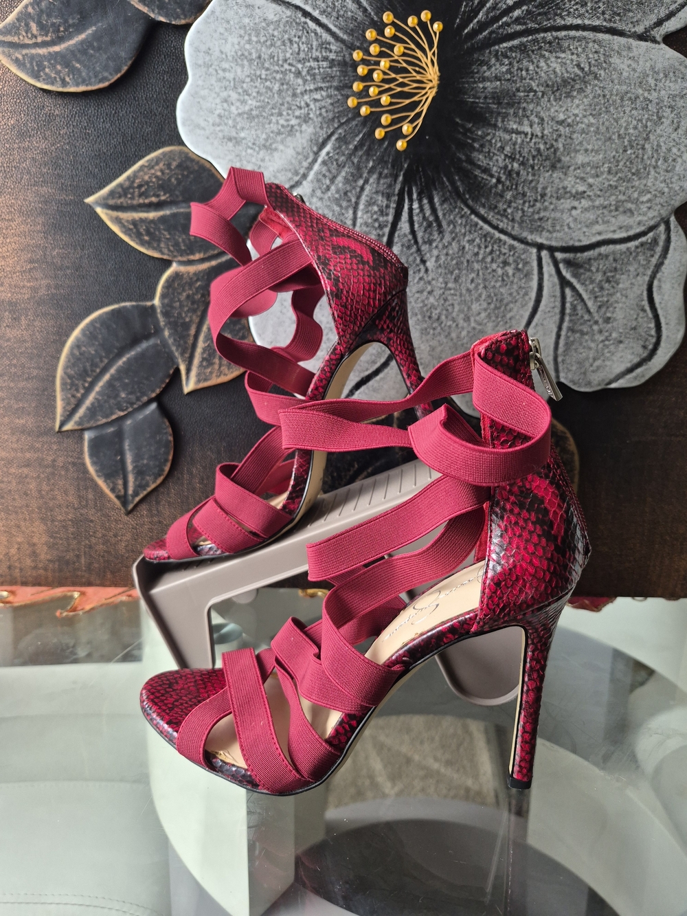 Jessica Simpson Fuchsia Snake-Print Strappy Stiletto Heels